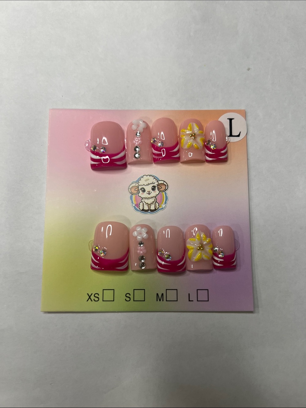 Pink Floral baby duck Accent Press-On Nail Set size L